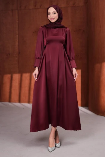 Bordo Kol Düğmeli Beli Kuşaklı Saten Abiye