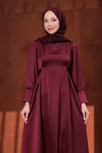 Bordo Kol Düğmeli Beli Kuşaklı Saten Abiye