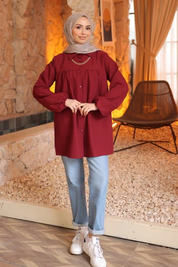Bordo Kol Lastikli Çizgili Gömlek Tunik