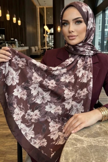 Bordo Krem İpekhan Desenli Soft Dijital Şal