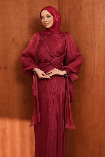 Bordo Ön Detaylı Şifon abiye