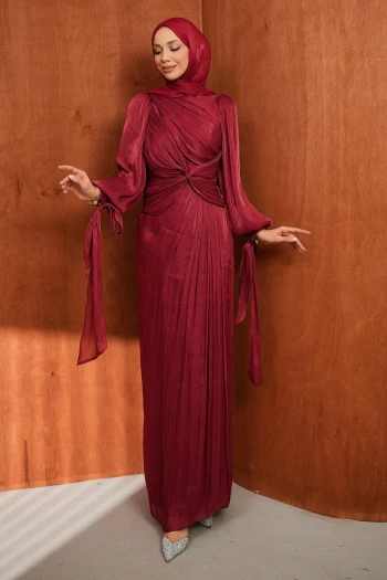 Bordo Ön Detaylı Şifon abiye