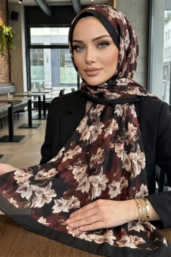 Bordo Siyah İpekhan Desenli Soft Dijital Şal