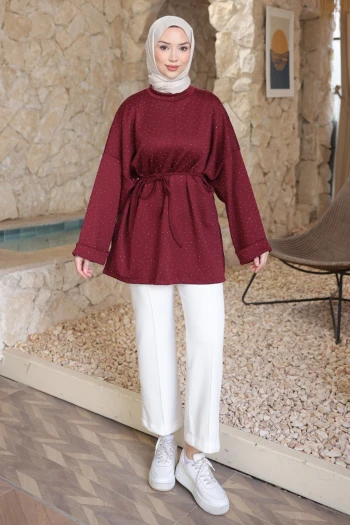 Bordo Taş Detaylı Yırtmaçlı Oversize Tunik