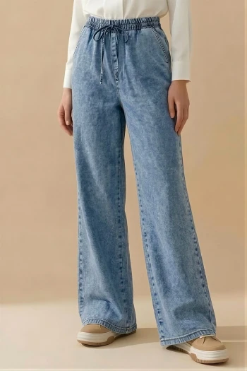 Buz Mavi Bel Lastikli Palazzo Kot Pantolon