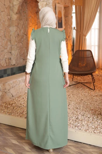 Çağla Bel Kuşaklı Kolları Fırfırlı Elbise