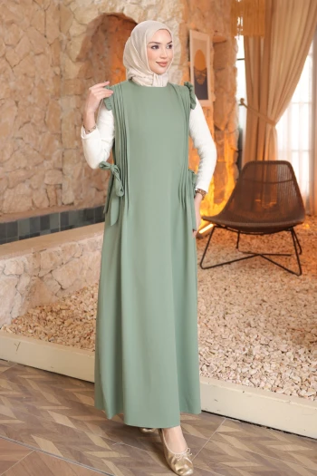 Çağla Bel Kuşaklı Kolları Fırfırlı Elbise