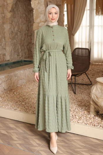 Çağla Kol Lastikli Düğmeli Bel Bağlamalı Gofre Elbise