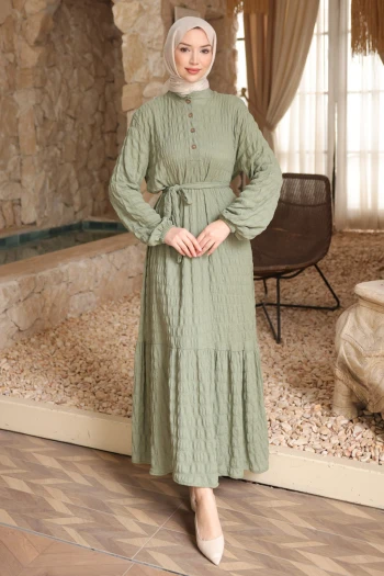 Çağla Kol Lastikli Düğmeli Bel Bağlamalı Gofre Elbise