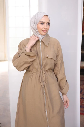 Camel Bel Kuşaklı Çift Cepli Gabria Kap