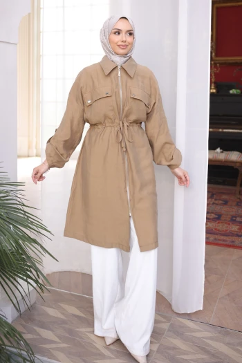 Camel Bel Kuşaklı Çift Cepli Gabria Kap