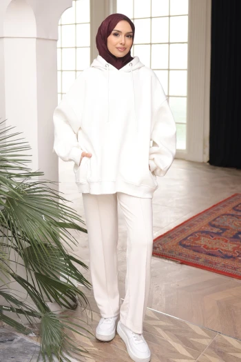 Ekru Bisiklet Yaka Taşlı Modal Sweatshirt