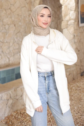 Ekru Kanguru Cepli Üç İplik Sweatshirt