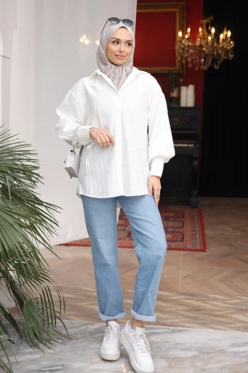 Ekru Kol Bağlamalı Düğmeli Gömlek