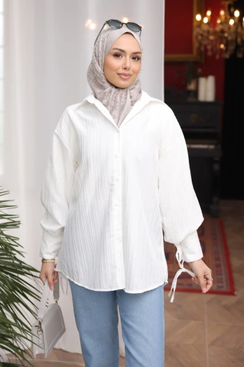 Ekru Kol Bağlamalı Düğmeli Gömlek