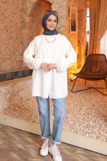 Ekru Kol Lastikli Çizgili Gömlek Tunik