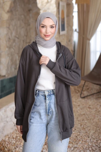 Füme Kanguru Cepli Üç İplik Sweatshirt