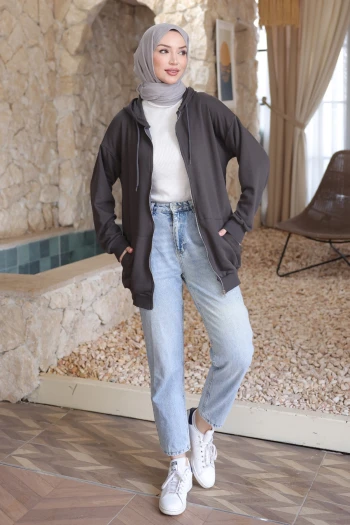 Füme Kanguru Cepli Üç İplik Sweatshirt