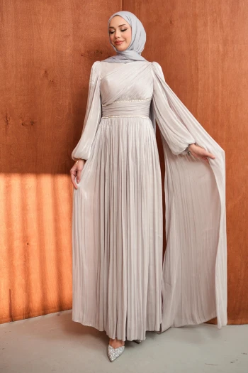 Gri Bel Büzgülü Taşlı Abiye