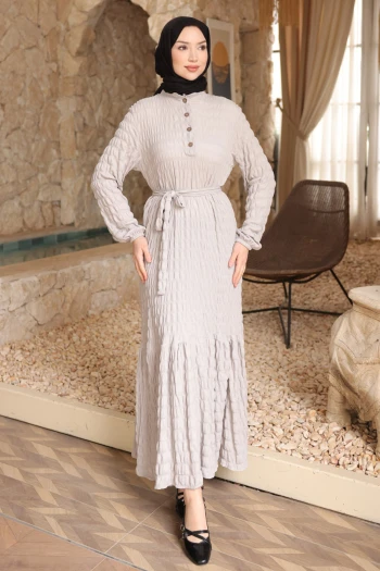 Gri Kol Lastikli Düğmeli Bel Bağlamalı Gofre Elbise