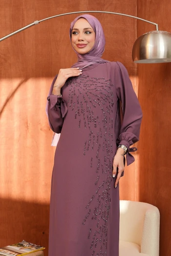 Gül Kurusu Bisiklet Yaka Taş İşlemeli Abiye