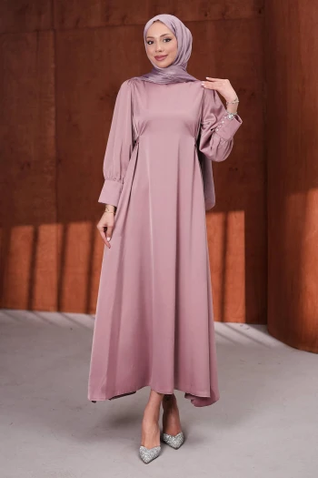 Gül Kurusu Kol Düğmeli Beli Kuşaklı Saten Abiye