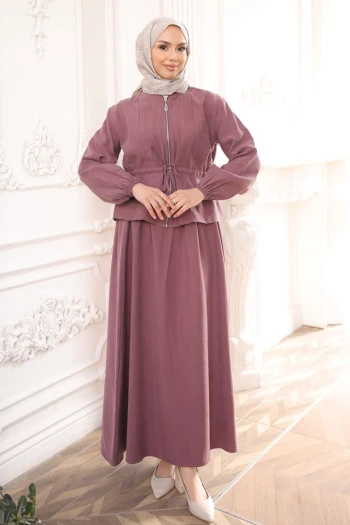 Gül Kurusu Önü Nervürlü Fermuarlı Ceket Etekli Takım