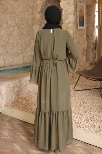 Haki Bel Bağlamalı Eteği Katlı Şifon Elbise