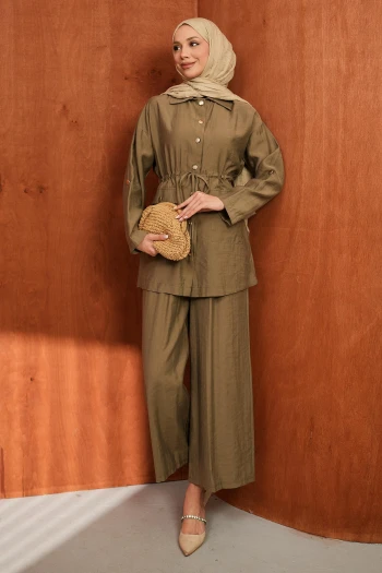 Haki Bel İp Büzgülü Tunik Pantolonlu Takım