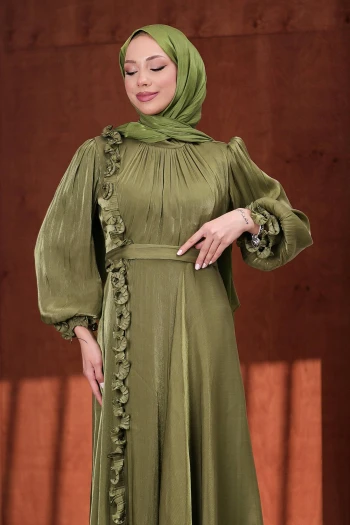 Haki Bel Kemerli Fırfırlı Janjan Abiye