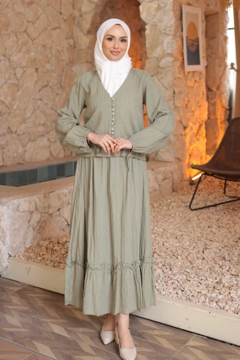 Haki Düğmeli Gömlek Etekli Bürümcük Takım