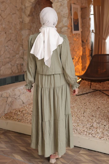 Haki Düğmeli Gömlek Etekli Bürümcük Takım