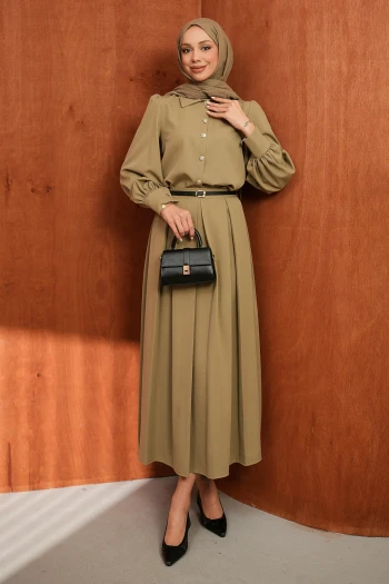 Haki Düğmeli Kemerli Gömlek Etekli Takım