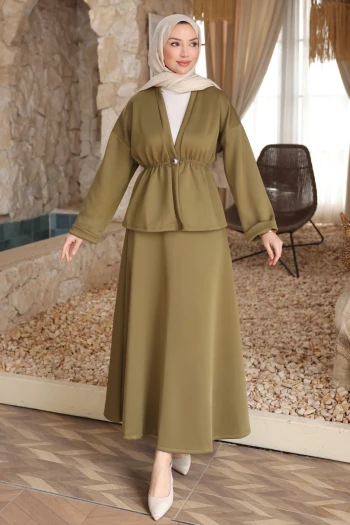 Haki Düğmeli Lastikli Ceket Etekli Takım