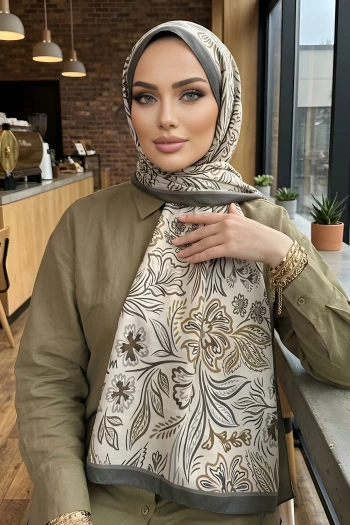 Haki Etnik Desenli Soft Şal