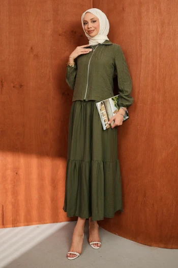 Haki Fermuarlı Ceket Eteği Katlı Jile Takım