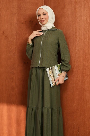 Haki Fermuarlı Ceket Eteği Katlı Jile Takım
