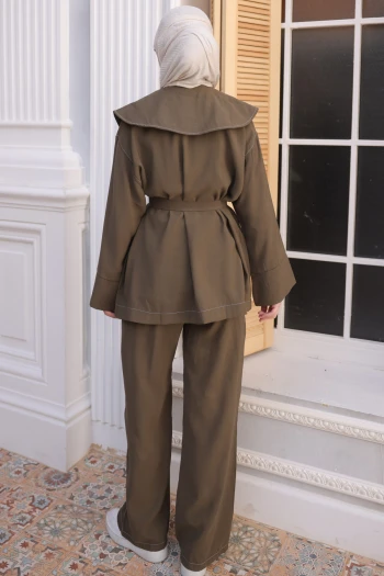 Haki Kolu Katlı Mendil Yaka Tunik Pantolonlu Takım