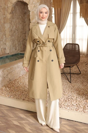 Haki Kruvaze Yaka Astarlı Trençkot