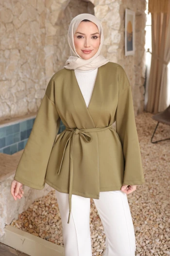 Haki Kuşaklı Scuba Kimono Ceket