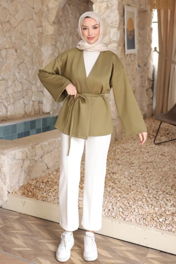 Haki Kuşaklı Scuba Kimono Ceket