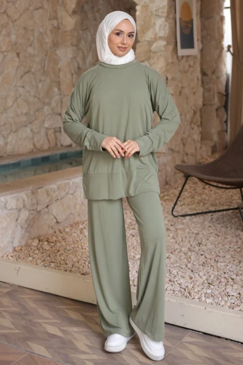 Haki Manşetli Tunik Pantolonlu Modal Takım