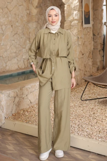 Haki Önü Allerli Kolu Apoletli Tunik Pantolonlu Modal Takım