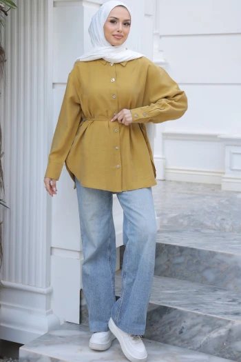 Hardal Bel Bağlamalı Düğmeli Tunik