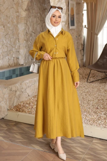 Hardal Düğmeli Gömlek Etekli Takım