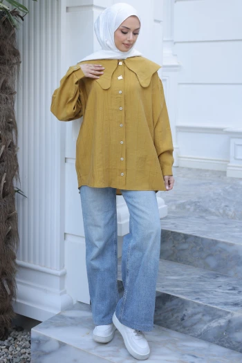 Hardal Yaka Detaylı Düğmeli Tunik