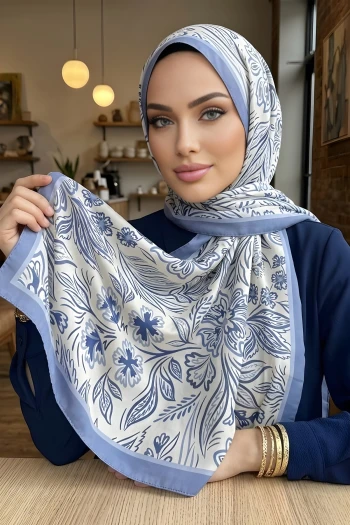 İndigo Etnik Desenli Soft Şal