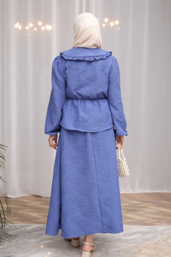 İndigo Kendinden Desenli Gömlek Etekli Takım