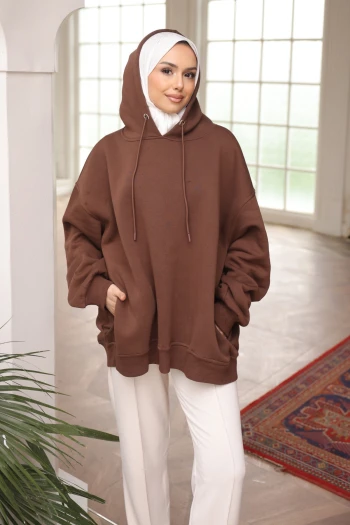 Kahve Bisiklet Yaka Taşlı Modal Sweatshirt