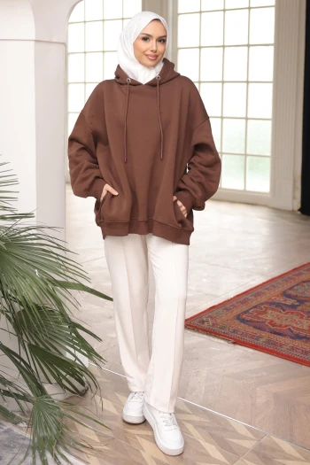 Kahve Bisiklet Yaka Taşlı Modal Sweatshirt